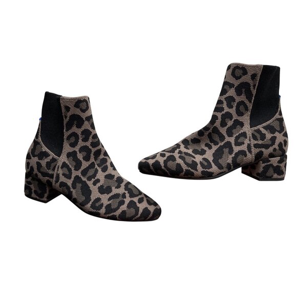 Rothys Classic Cool Cat Leopard Brown Black Print Knit Ankle Boots Size 10 - Picture 3 of 9